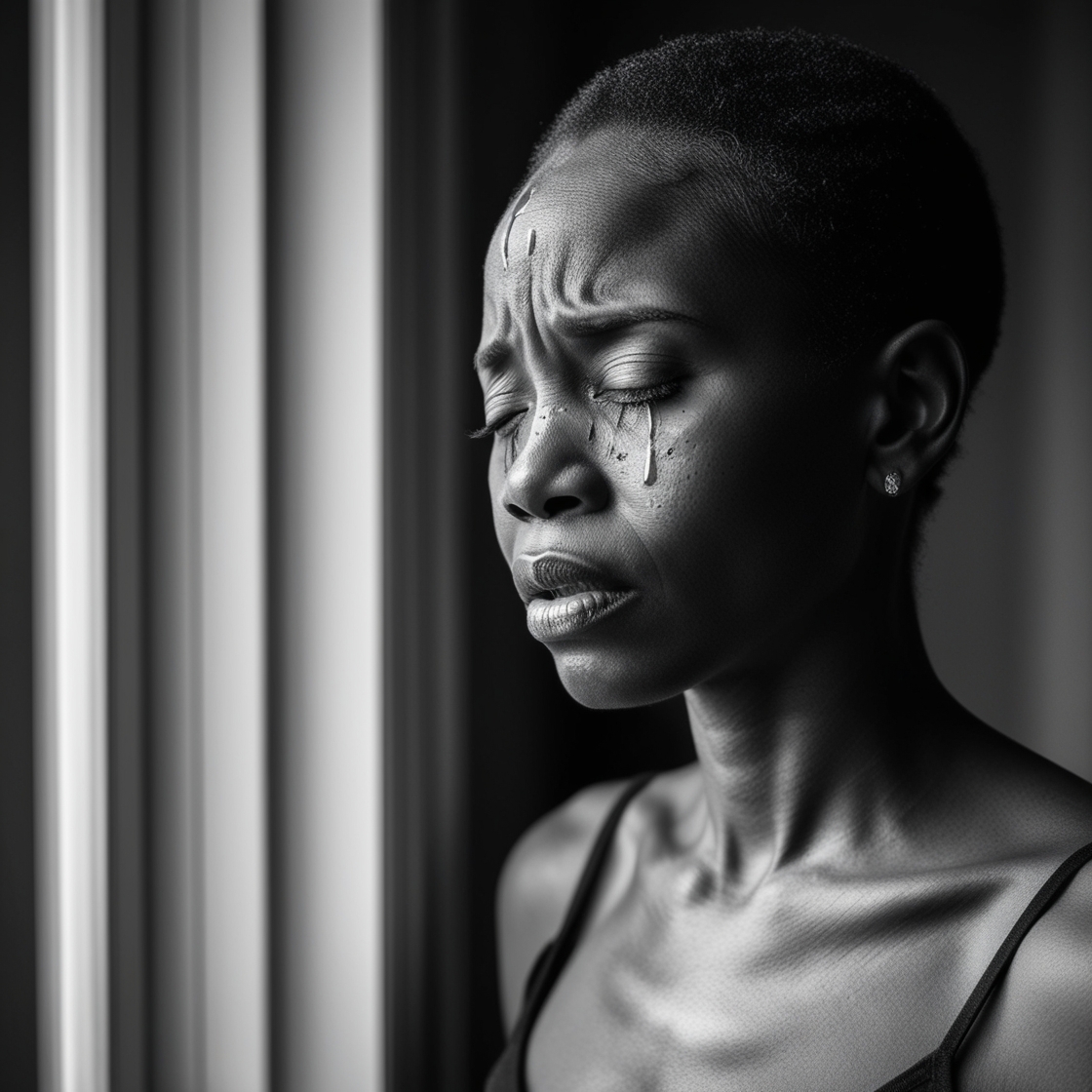 an African woman facing a window with her eyes closed crying