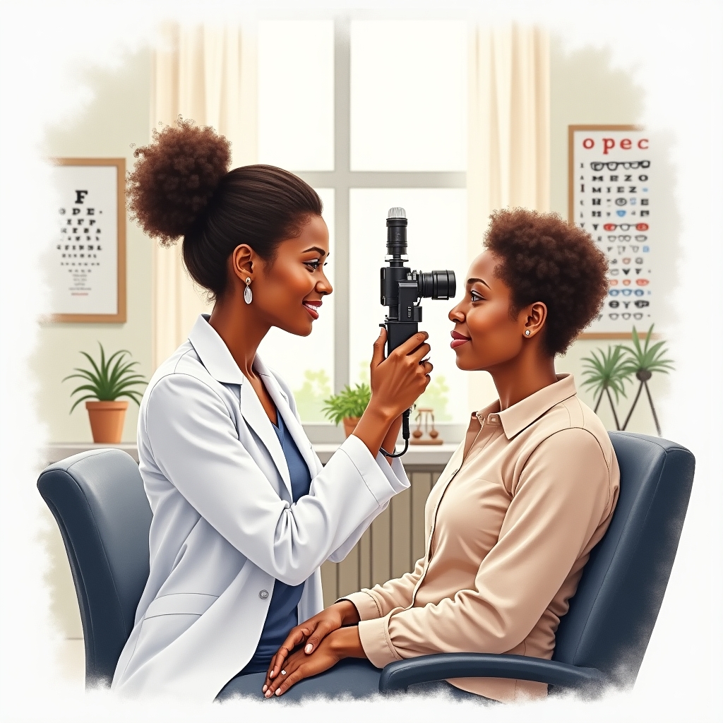 A soft watercolor painting of a female optometrist examining a patient’s eyes in a bright, modern clinic. She is wearing a white coat and smiling gently while using an ophthalmoscope or slit lamp to check the patient’s vision. The patient, an adult, sits comfortably in the examination chair. The background includes subtle watercolor details of an eye chart, glasses display, and warm natural light. The mood is calm, caring, and professional — symbolizing trust, eye wellness, and compassionate care.